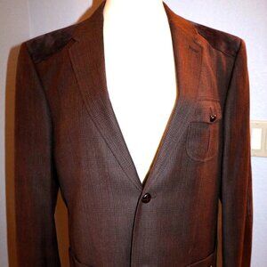 Vtg Perry Ellis Blazer Sz 44R Houndstooth Plaid Brown Wool Suede Elbow Patchs